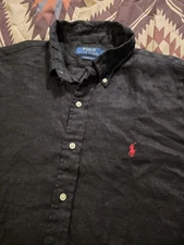 Polo Ralph Lauren 100% Linen Button Up Shirt Black w/ Red Pony Men's Large