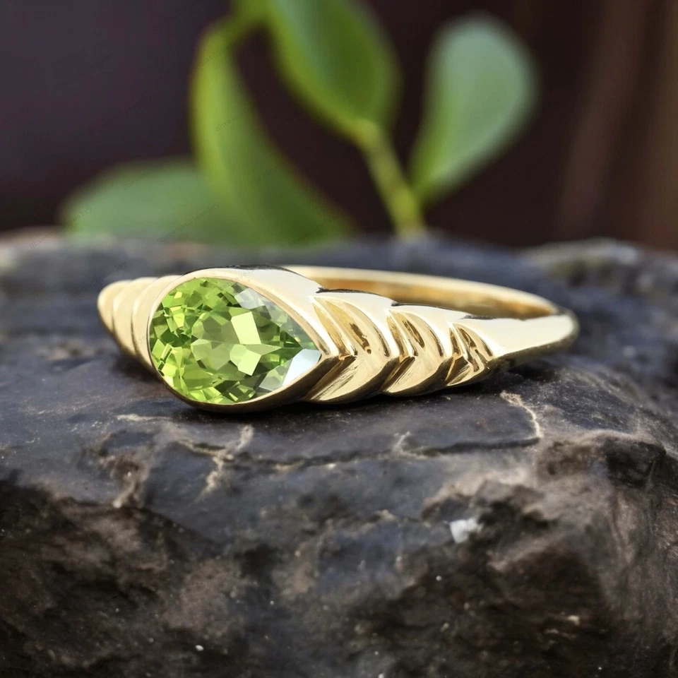 9k Solid Gold 7x5 MM Pear Shape Natural Peridot Ring Solitaire Proposal Ring - Image 3 of 4