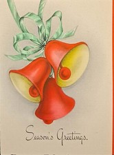 Christmas Card Vintage Hallmark - Red Bells Green Bow Season's Greetings - Art