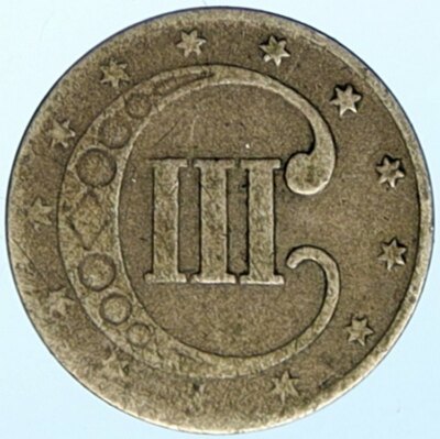 1853 USA US UNITED STATES Star Genuine Antique OLD Silver 3 Cent