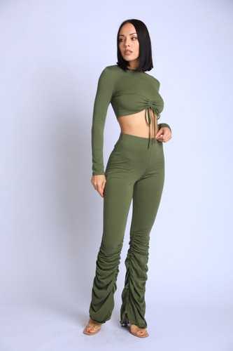 Women Stylish Tie Front Long Sleeve Crew Neck Top and Matching Ruched Pants Sets - Picture 2 of 12
