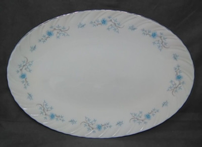 Lenox Chanson 16'' Oval Serving Platter Ivory Blue Flowers Swirled Platinum D-514