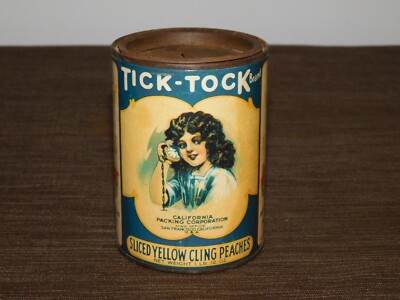VINTAGE KITCHEN 4 1/4'' HIGH TICK-TOCK CLING PEACHES TIN CAN BANK