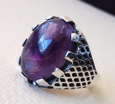 NATURAL AMETHYST FEBRUARY BIRTH SOLID 925 SILVER HEAVY TURKEY CHRISTMAS MEN RING