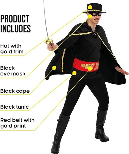 Mens Senor Zorro Costume + Hat M-XL Adult Mexican Masked Bandit Outlaw Halloween - Picture 3 of 6