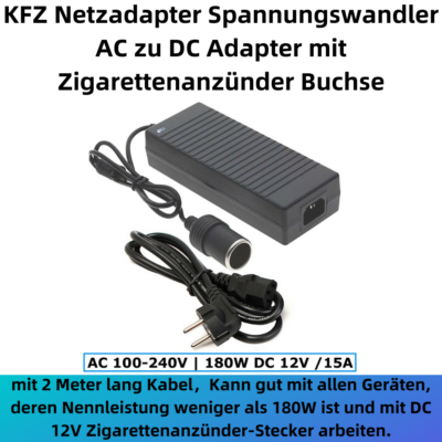 O49C 180W Spannungswandler – 230V Auf 12V DC, Mit Zigarettenanzünderbuchse & EU-Stecker