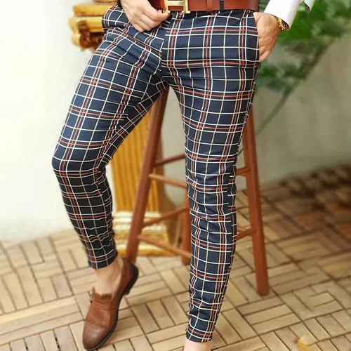 Mens Casual Plaid Bottoms Men Summer Leisure Button Trousers Fitted Long Pants - Picture 4 of 19