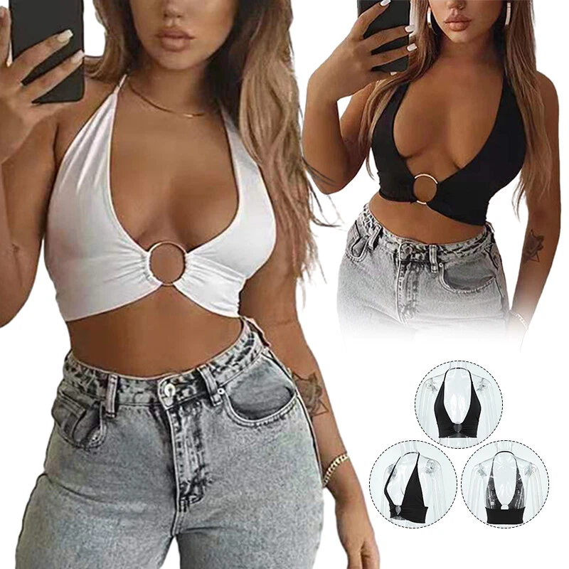 Women's Sexy Low-cut Crop Top O Ring Tank Top Spaghetti Strap E-Girl Tops NEW - Image 2 of 4