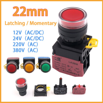 22mm Signal Light Power Switch Latching Momentary Round Pushbutton 12V-380V