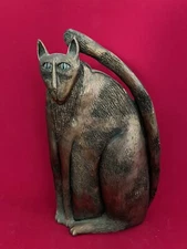 Marsha McCarthy Cat Figurine Signed Metallic Resin Blue~Green Eyes