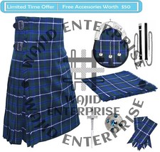 Scottish Men Handmade Blue Douglas Tartan 8 Yard KILT - 6 PCS Kilt Sporran Deal