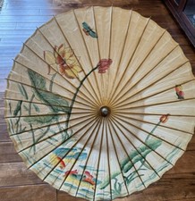 Vintage Asian Rice Paper Bamboo Umbrella Hand Painted Birds Flowers Butterfuly