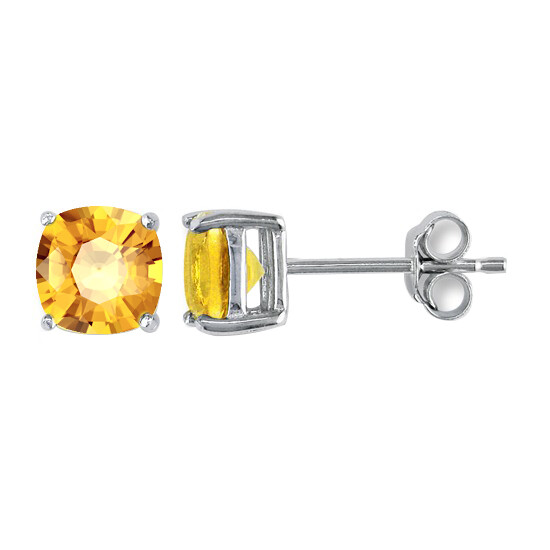 Cushion Cut Simulated Citrine Solitaire Stud Earrings in 14K White Gold-image