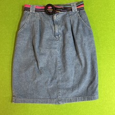 Vintage 90s French Navy Denim Skirt Size 12 USA Made High Waist Midi Preppy Belt