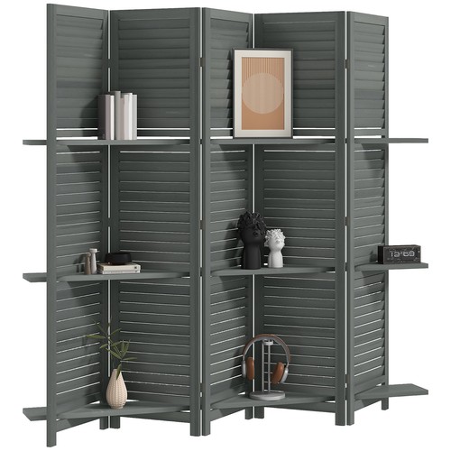 Wood Mobile Folding Privacy Screen, Room Divider w/ Shelves Gray - Picture 3 of 11