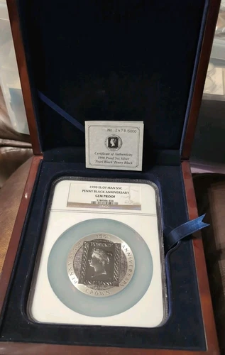 1990 SILVER ISLE OF MAN 5 OZ 5 CROWN PENNY BLACK ANNIVERSARY NGC GEM PROOF W/C0A