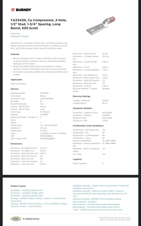 (6) New Burndy YAZ342N 2 Hole 1/2” Stud 1-3/4” Spacing Long Barrel 500 KCMIL CU - Image 3 of 4