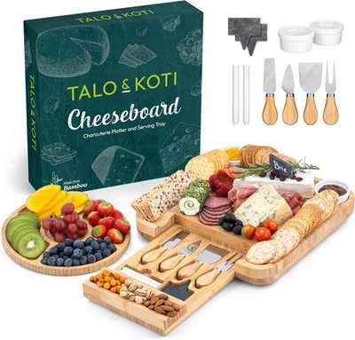 VIVO Bamboo Cheese Board Set with Stainless Steel Charcuterie Serving Platter