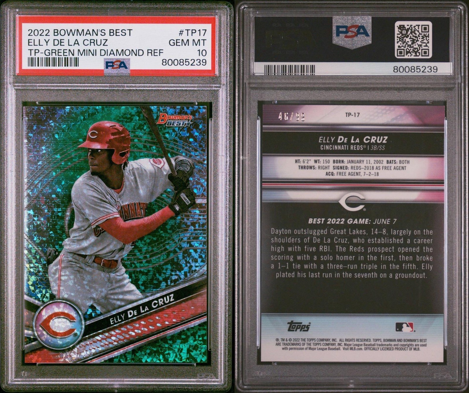 2022 Bowman's Best #TP-17 Elly De La Cruz Green Mini-Diamond Ref PSA 10 #/99