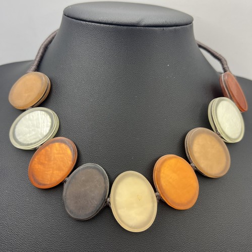Statement Flat Oval Resin Orange Brown Cream Bib Necklace Arty Lagenlook