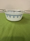 Pyrex Snowflake Blue Glass Casserole Dish, Round, 8 in, Vintage, Lid, White 472