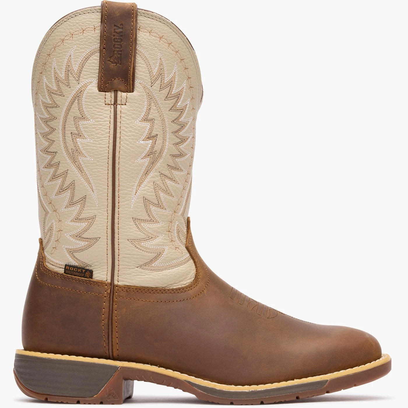 ROCKY Men's RKW0366 Rugged Trail Waterproof Western Boot, Bone/Brown, SZ 10.5 W