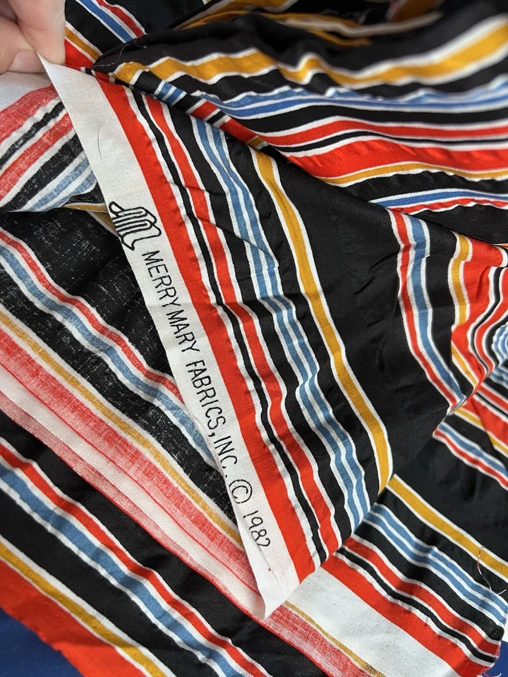 Vintage Merry Mary Inc. Fabric 4Yds X 42”  1982 Stripes Red, Black, Blue,Yellow - Image 2 of 2