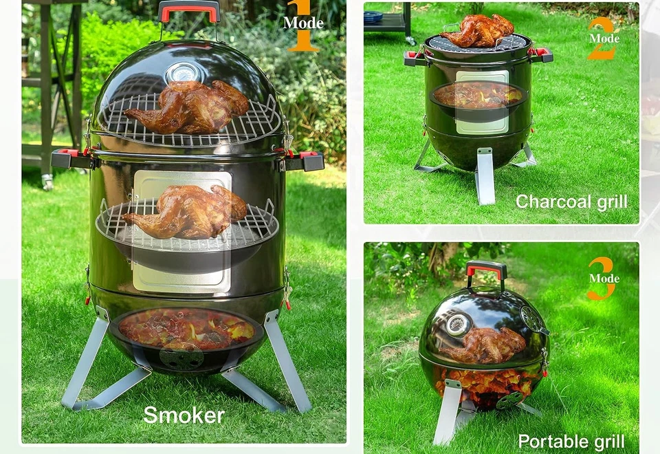 CAPTIVA DESIGNS Charcoal Smoker BBQ Grill 3in1 Outdoor Vertical Smokers Portable Meat Cooker