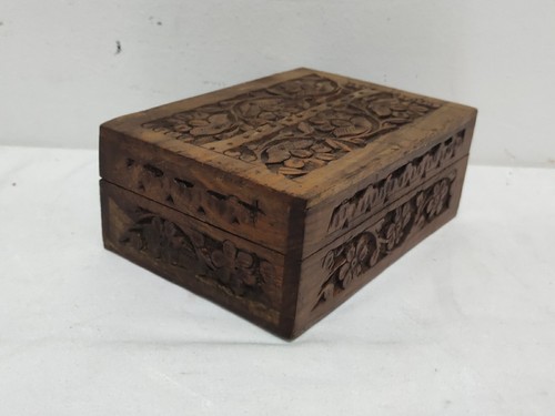 Scatola In Legno Intagliato Cofanetto Indiano Vintage portagioie Artigianale - Imagen 3 de 7
