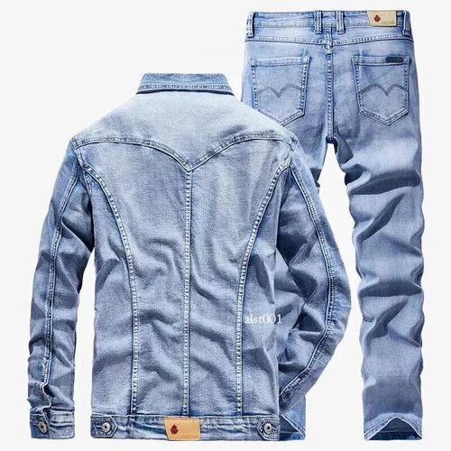 Denim Suit Men's Slim Two-piece Spring Autumn Jacket Jeans Coat Pants Suits Set - Afbeelding 4 van 26