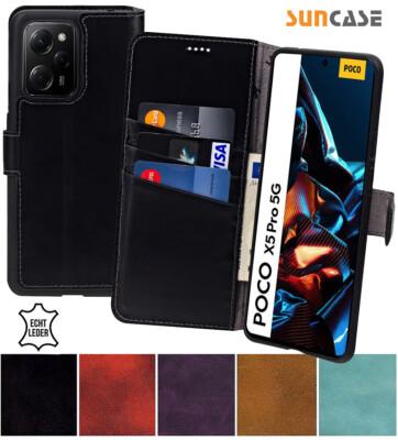 Suncase Handy Tasche Echt Leder Schutz Cover Hülle Klapp Case für Poco X5 Pro 5G