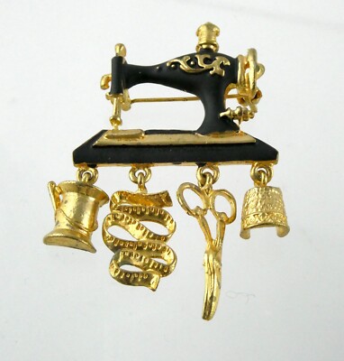 Vintage Goldtone Metal and Black Enamel Sewing Machine Pin with Charms Brooch