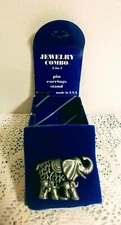 Vtg Torino Pewter Elephant Jewelry Set Pin, Pierced Earrings Stand New In Box  