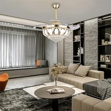 42" Crystal Invisible Ceiling Fan Light LED Chandelier Fan Lamp Remote 2-in-1 US