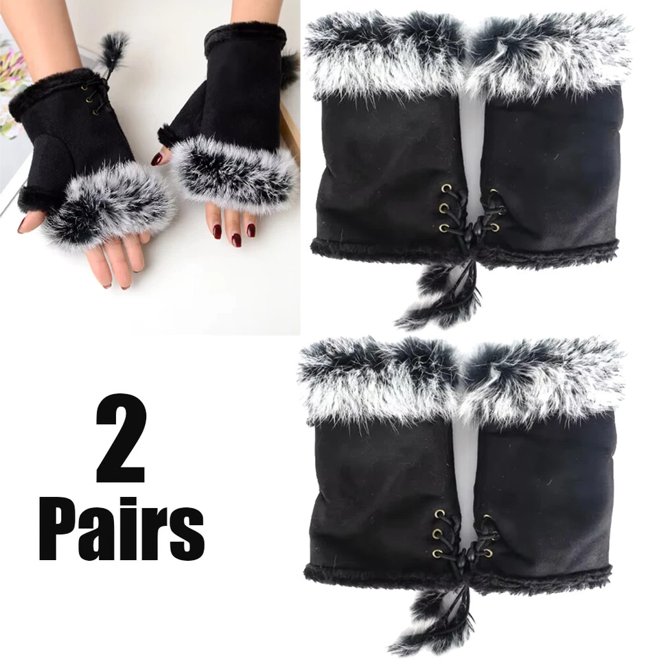Guantes sin dedos calentador de invierno para mujer 4 piezas imitación piel de conejo muñeca manopla lisa B Foto 2 de 4