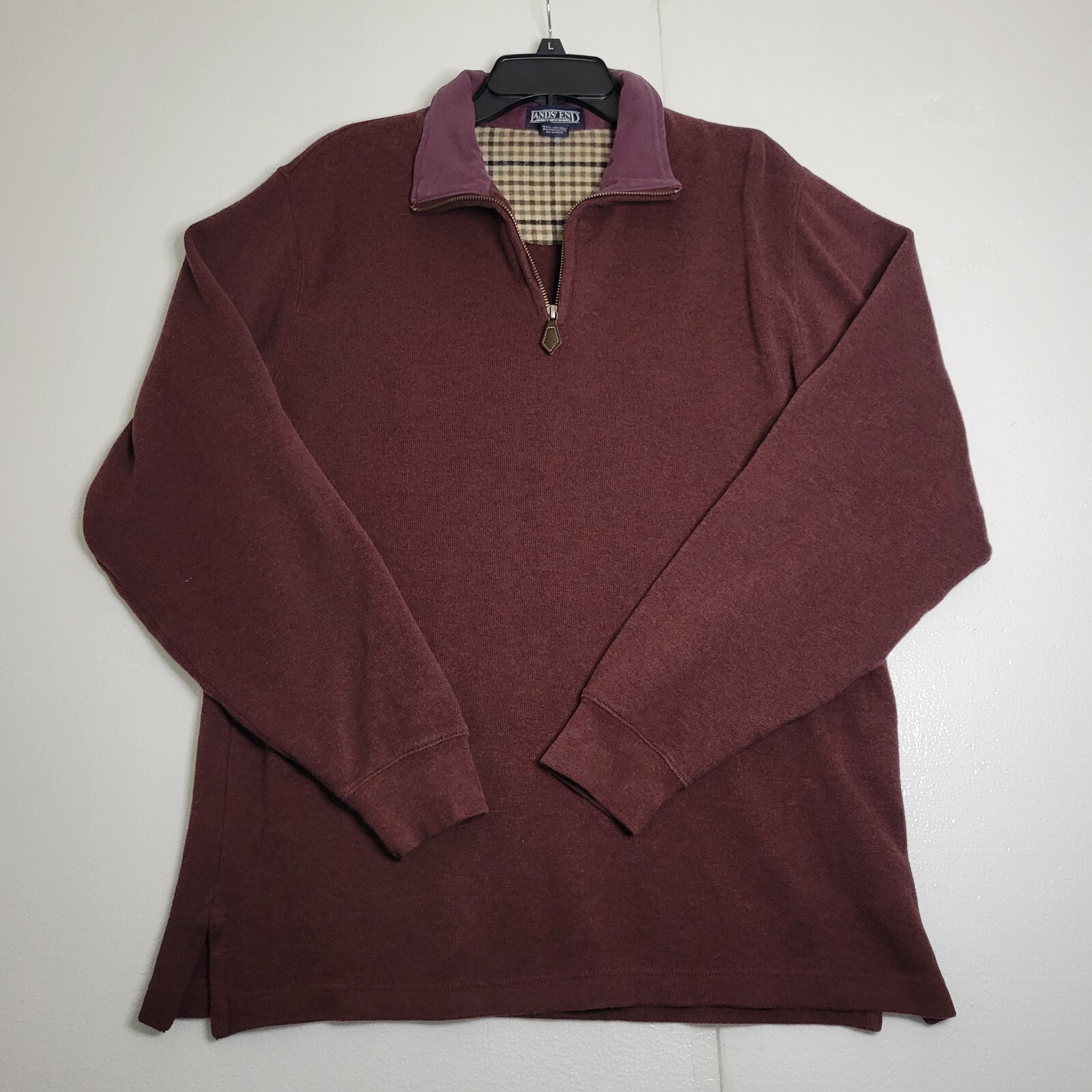 LANDS END Mens Medium 38-40 Maroon 1/4 Zip Cotton Pullover Sweater Sweatshirt