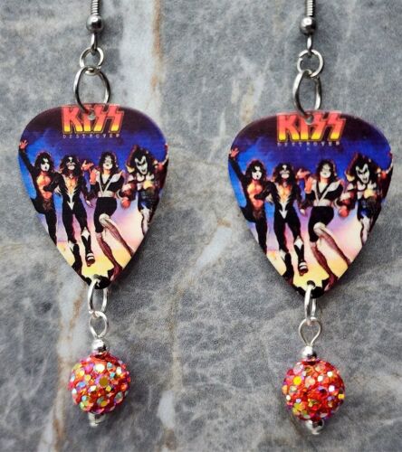 Kiss Destroyer Guitar Pick Earrings with Orange ABx2 Pave Bead Dangles - Picture 1 of 3