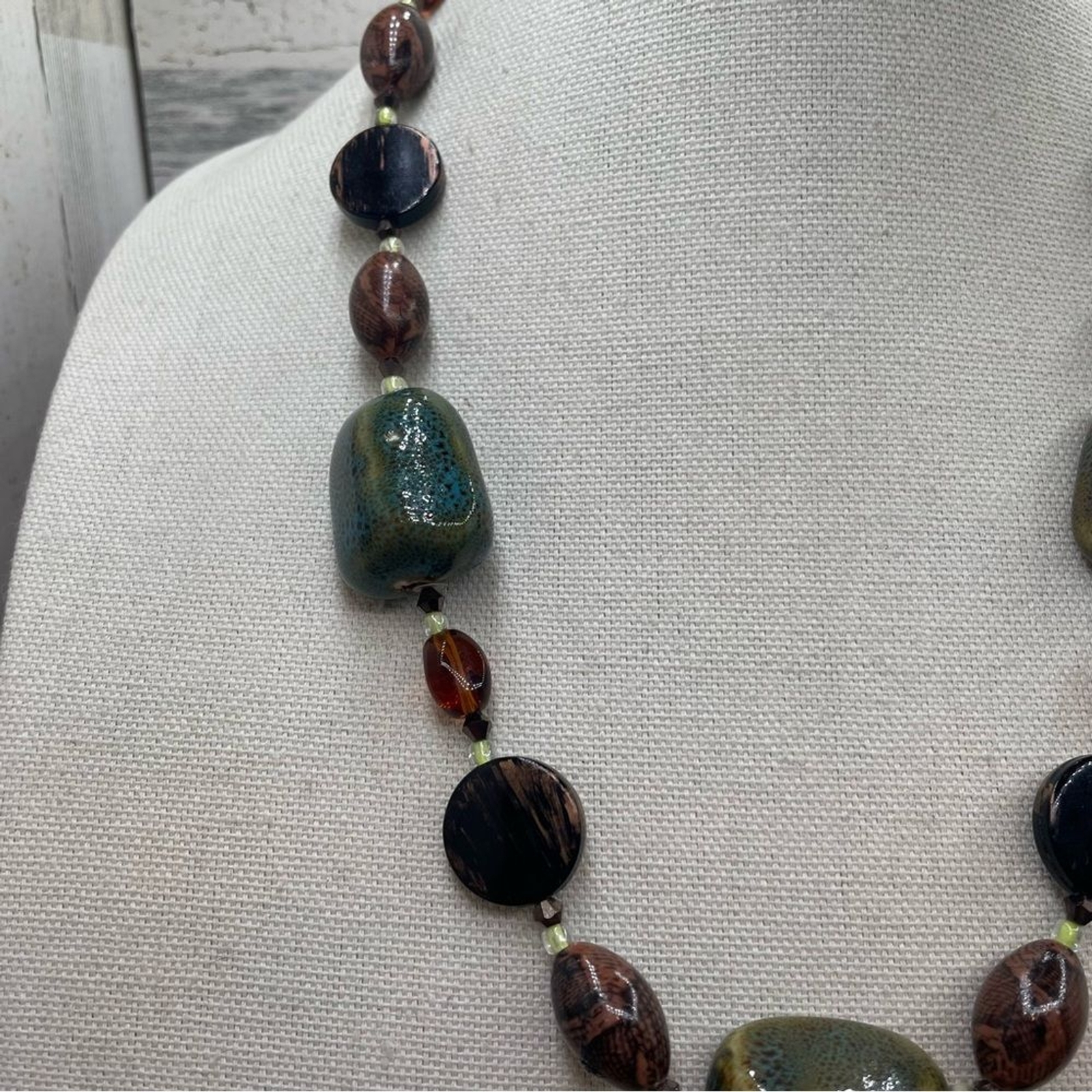 Unsigned Boho Glazed Ceramic Necklace Beaded Blue… - image 3