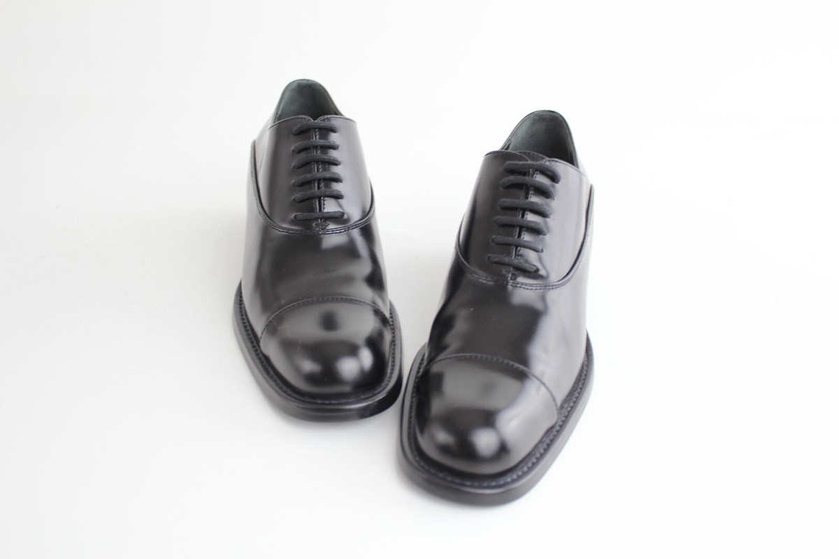 靴 PRADA SPAZZOLATO 37 NIB Vtg PRADA Spazzolato Black Leather Oxford Shoes Lace Up