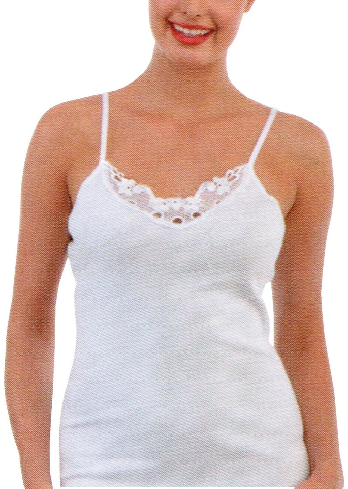 2 er Pack Damen Unterhemd mit Spitze und elastischen Spaghetti-Trägern Baumwolle - Bild 1 von 1
