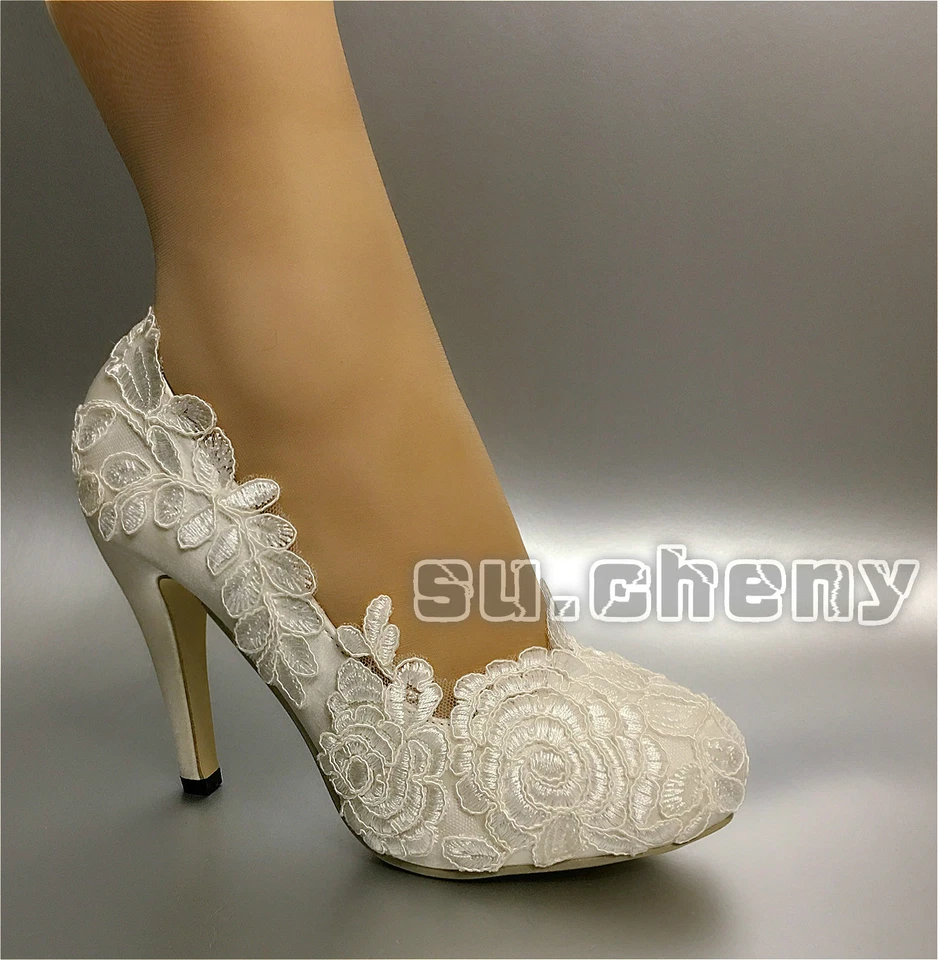 Su.cheny 3” 4” Tacones Blanco Marfil Seda Encaje Puntera Cerrada Bombas Boda Novia Zapatos Foto 4 de 4