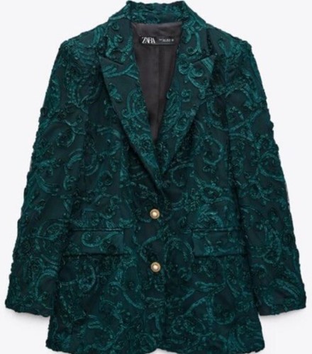 New Zara Jaquard textured blazer jacket M Emerald green Jewel Pearl Buttons