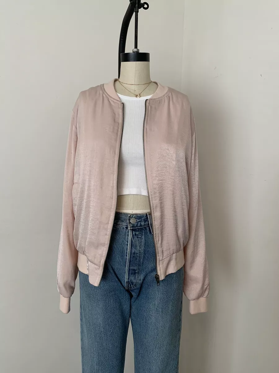 Brandy Melville Pink Light Weight Silk Silky Dennis Zip Up Bomber Jacket  NWOT OS