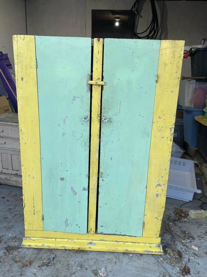 "Antiguo armario de gelatina de 1800 para granja pintura amarilla azulada primitiva 54""" Foto 4 de 4