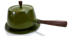 Mid Century Vintage Avocado Green Enameled Fondue Pot With Lid Wood Handle Base