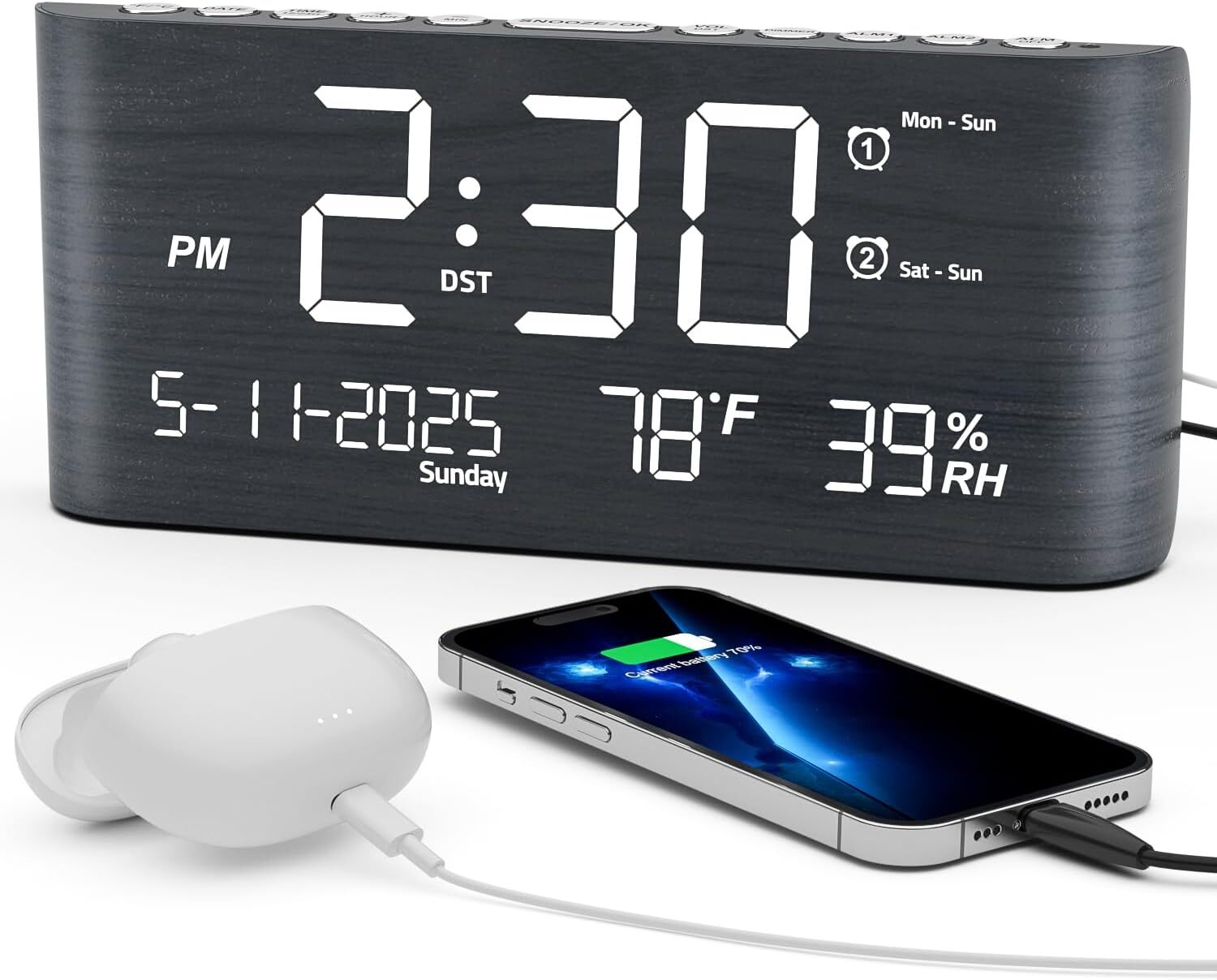 Digital alarm clock with calendar, temperature, humidity & dual alarms