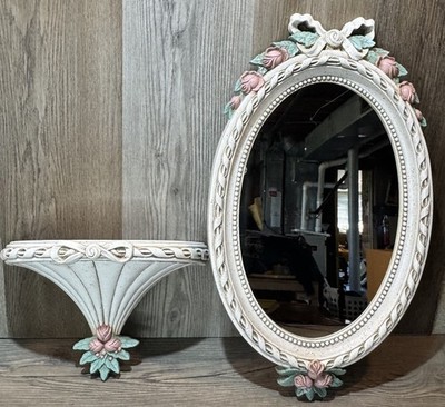 Vintage Shabby Chic Oval wall Mirrior Pink Flowers Bow floral Frame With Shelf