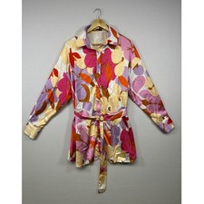Mod 70s Style Boohoo Womens Size 10 Multicolor Floral Belted Satin Shirt Dress