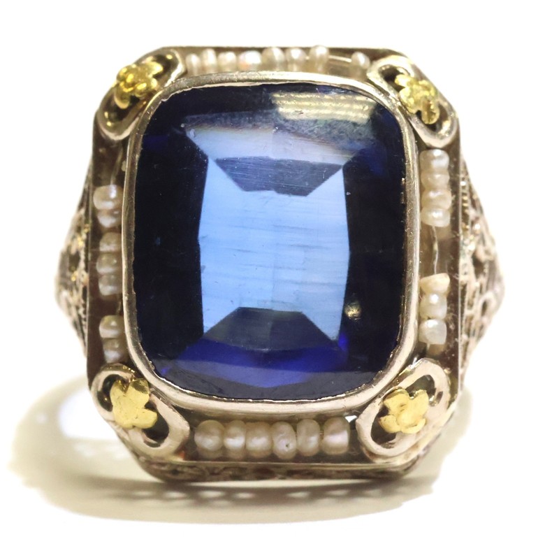 14k white gold Lab created sapphire or blue spinel gemstone pearl ring 5.7g 7