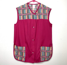 Vtg MADE IN USA Pearl Snap RAINBOW HOUNDSTOOTH Apron SMOCK M Grandma Teacher Art